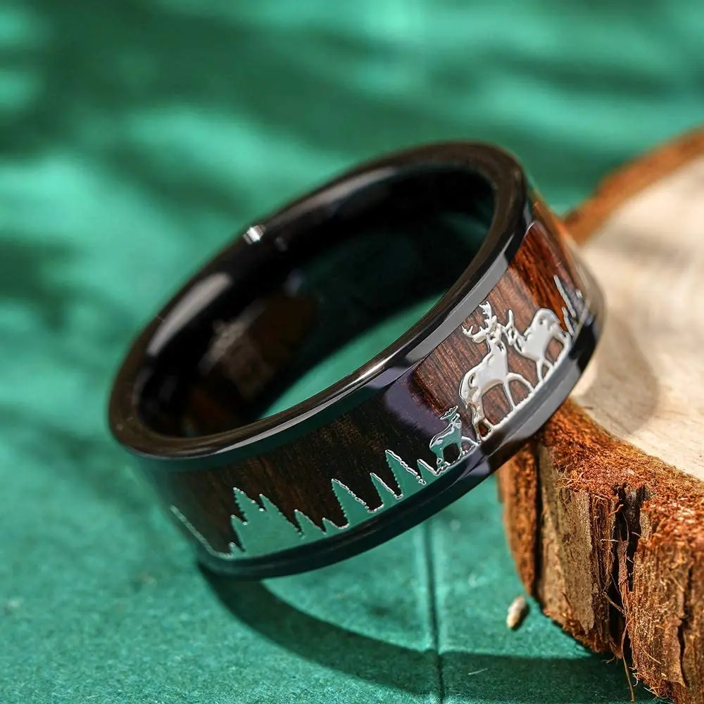 2021 Fashion 8mm Men Black Tungsten Wild Life Hunting Ring Koa Wood Inlay  Deer Family Silhouette Steel Ring Men Wedding Band
