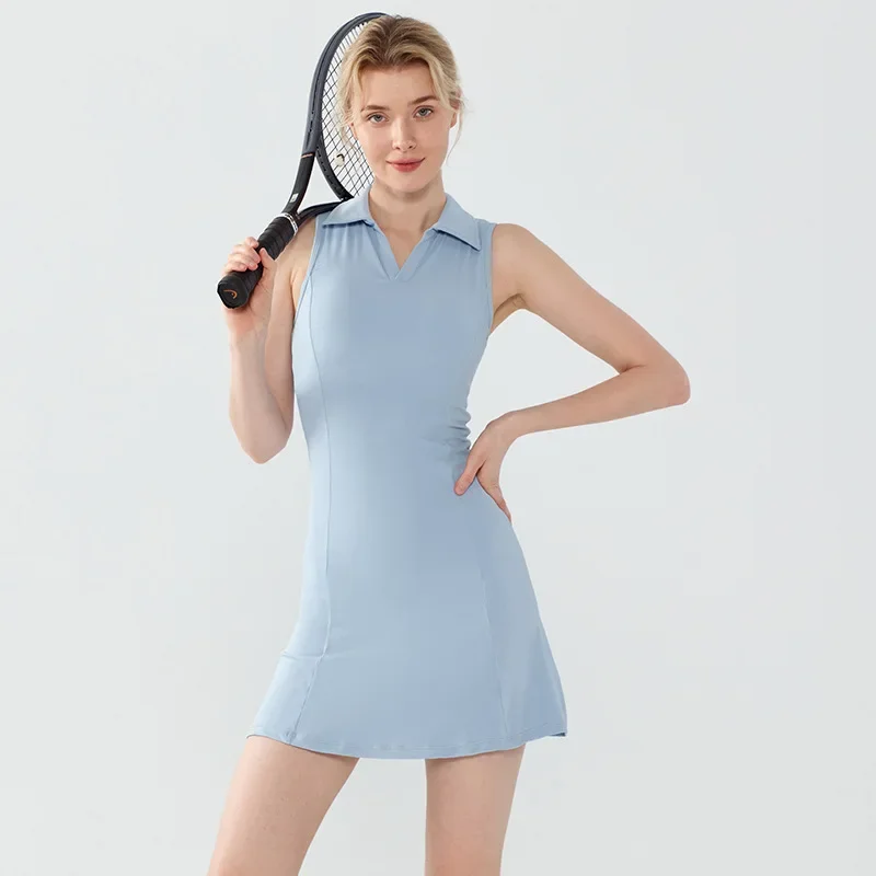 New Women Summer Safe Yoga Tennis Skirts Gym Golf Running Sports Fitness With Chest Pads One Piece Skirt Anti Glare Dance Skirt