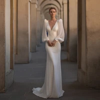Glamorous Wedding Dresses V-Neck Backless Bridal Robes Long Puff Sleeves Gowns For Formal Party Vestidos De Novia Customized 1