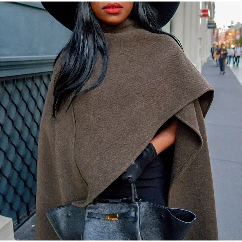 Elegant Irregular Cloak Coat Women Solid Half Sleeve O Neck Scarf Loose Female Jacket 2025 Winter Lady Thick Chic Overcoat New
