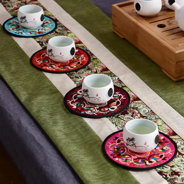 Hímzett Ruhák Alátétek 10Db Boho Vintage Etnikai Virágos Teáscsésze Placemats Kínai Stílusú Dekorációs Párnák - Image 3