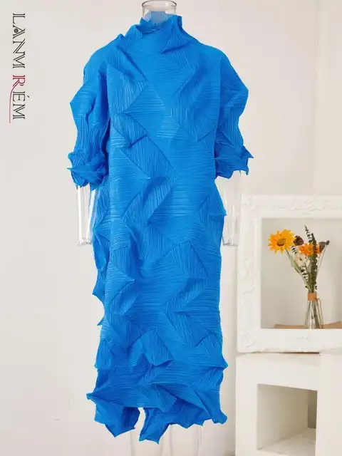 LANMREM 2025 Spring Pleated Dress For Women Loose Fold Turtleneck A-Line Vintage Long Dresses Lady Elegant Clothes Tide 2Aa6000
