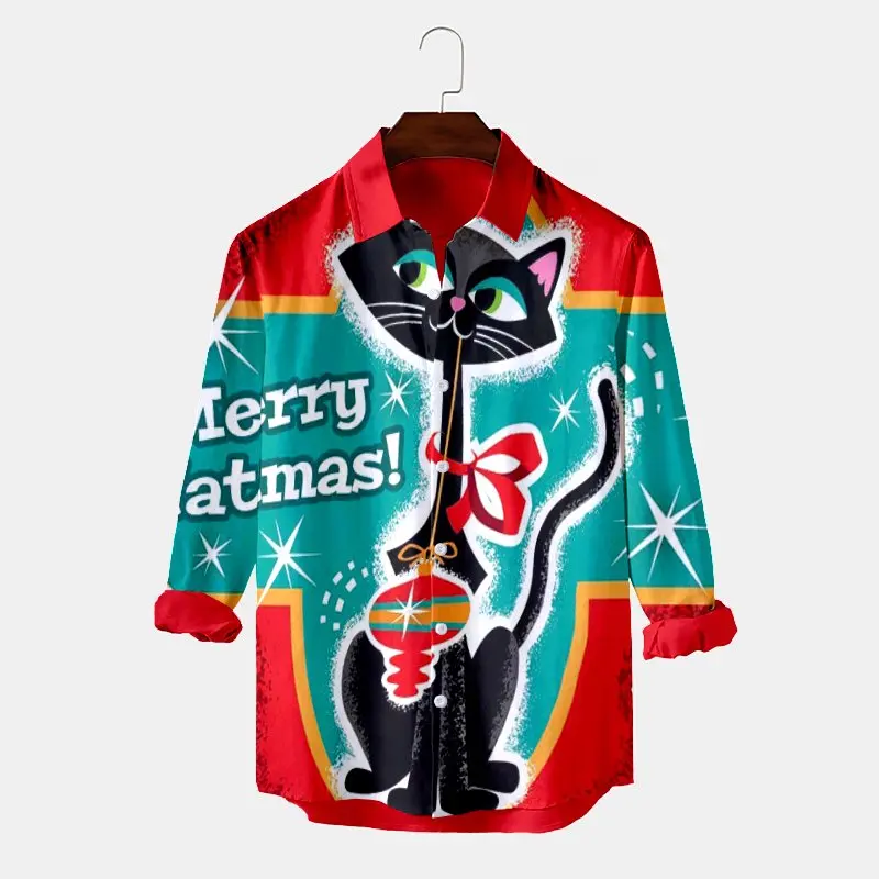 

Mens Christmas Gift Cat Print Long Sleeve Shirt
