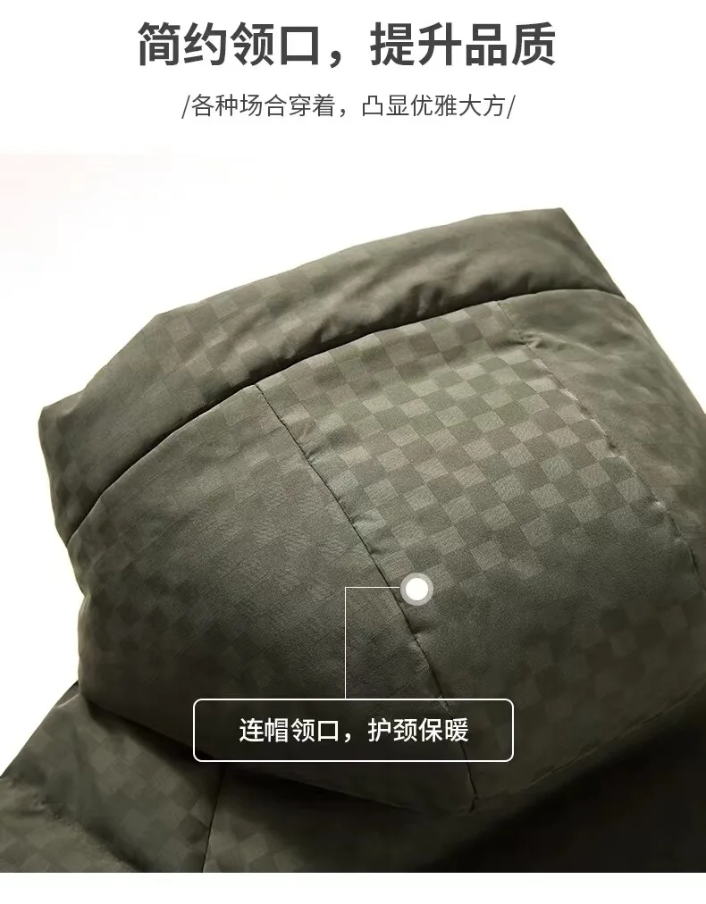 Lässige warme Herren-Erdendunenjacken mit Karomuster und Kapuze, 2025, Winter-Streetwear, karierter Puffermantel, winddichte, gepolsterte Outdoor-Kleidung – Detail 3
