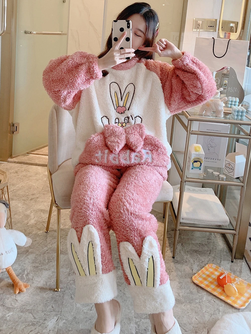 Winter Warm Flannel Women Pyjamas Sets Thick Coral Velvet Long Sleeve Rabbit Cartoon Sleepwear Plush Pajamas Set For Women Pjs