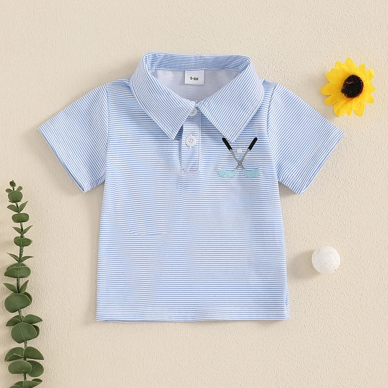 Toddler Baby Boys Summer T-Shirts Striped Golf Pattern Button Turn-Down Collar Short Sleeve Casual T-Shirts Tops Boys Clothes