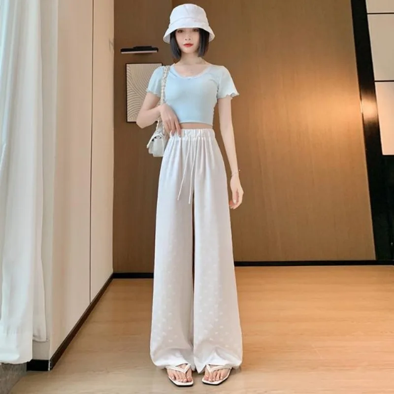 Straight Cylinder Wide Leg Pants Flocking Printing Ice Shreds Female Thin High Waisted Sagging Sensation Acetic Acid Casual