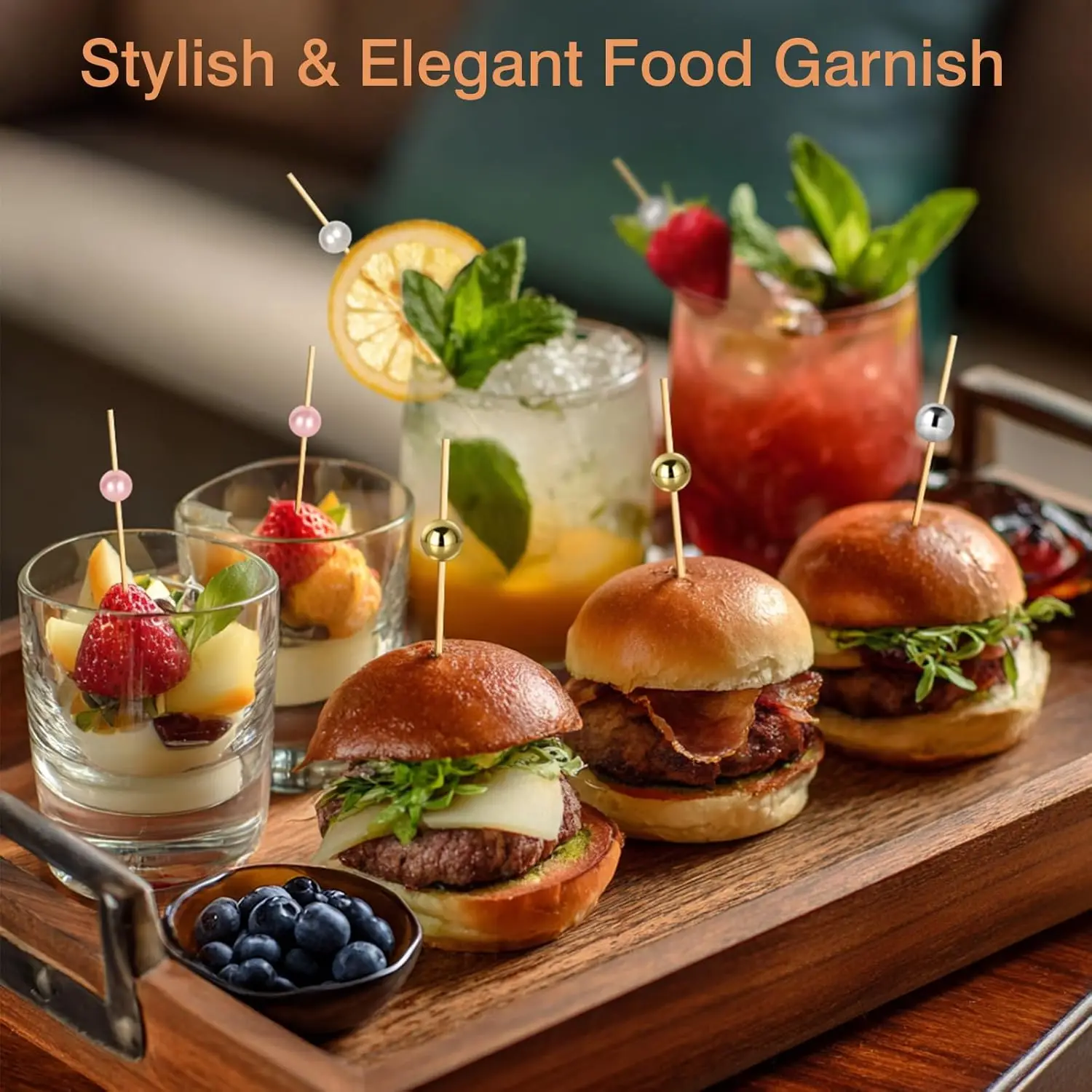 200 Cocktail Picks, Decorative Pearl Fancy Toothpicks for Appetizers, 4.7 IN Long Bamboo Skewers Wood Garnish Sticks for Food