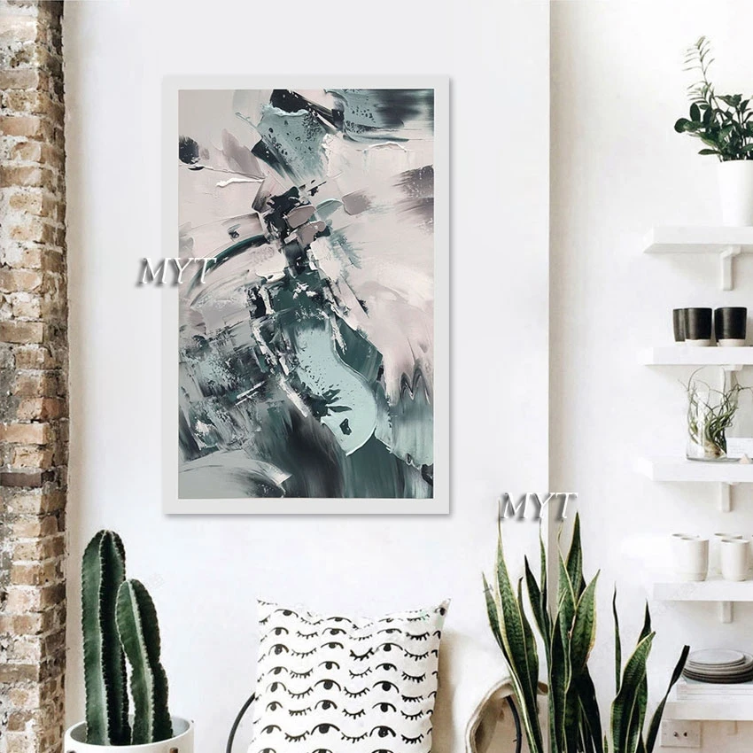 

Холст без рамки, Настенный декор, ручная роспись, абстрактная картина, чистая ручная работа, белый, зеленый, плотная акриловая текстура, нож, картина маслом