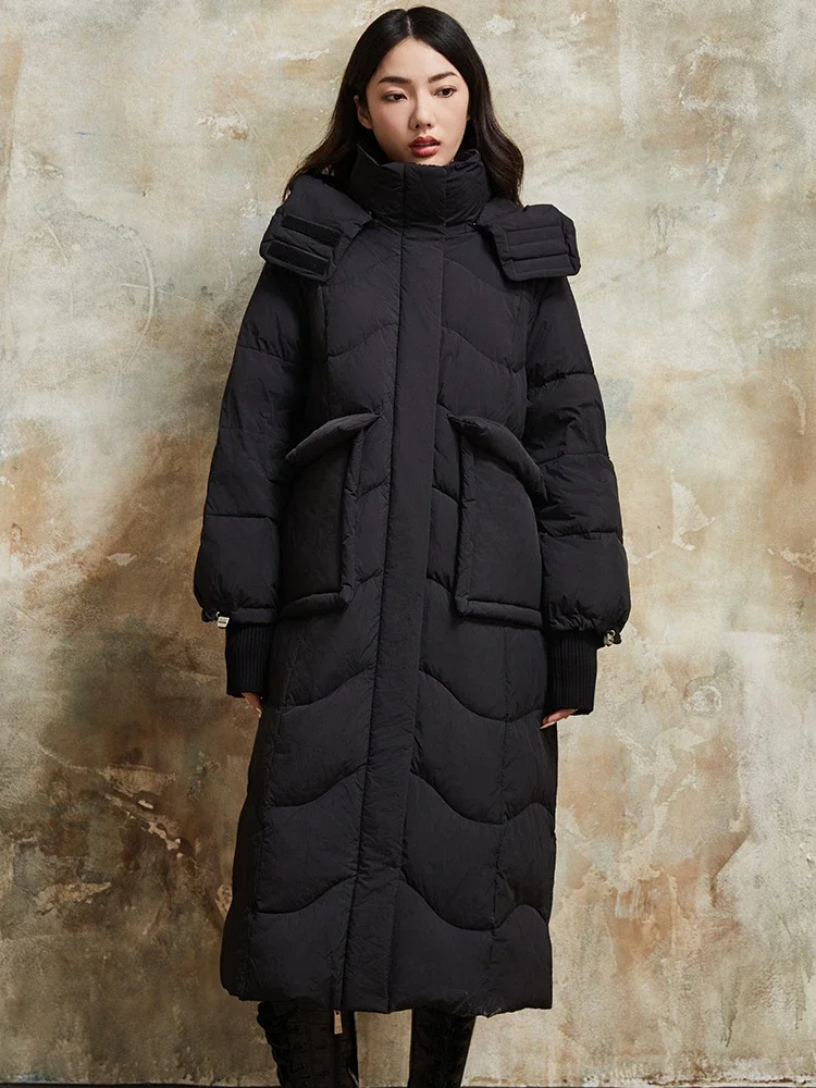 2023 Winter long down jacket women simple and warm 90 white duck down hooded over-the-knee padded coat women