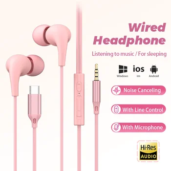USB Type C Wired Headphone 3.5mm Stereo Music In-Ear Earphones With Wire Control Mic Sleeping Earplugs For Samsung iPhone Xiaomi 1