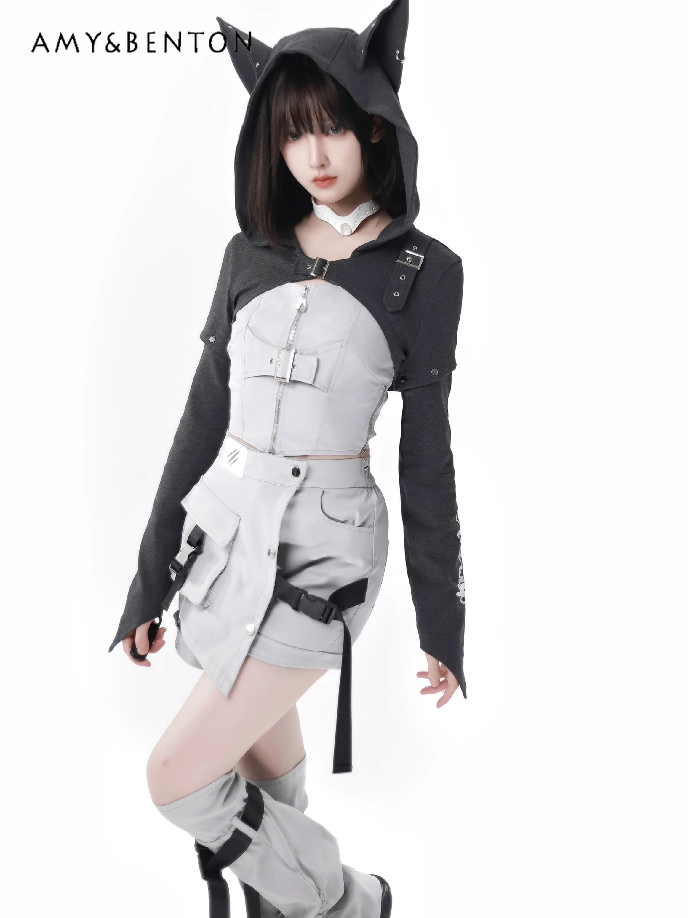 Original Street Hot Girl Sweet Removable Sleeve Hooded Jacket Sleeveless A-line Dress Subculture Two-Piece Sets Womens Outfits 4