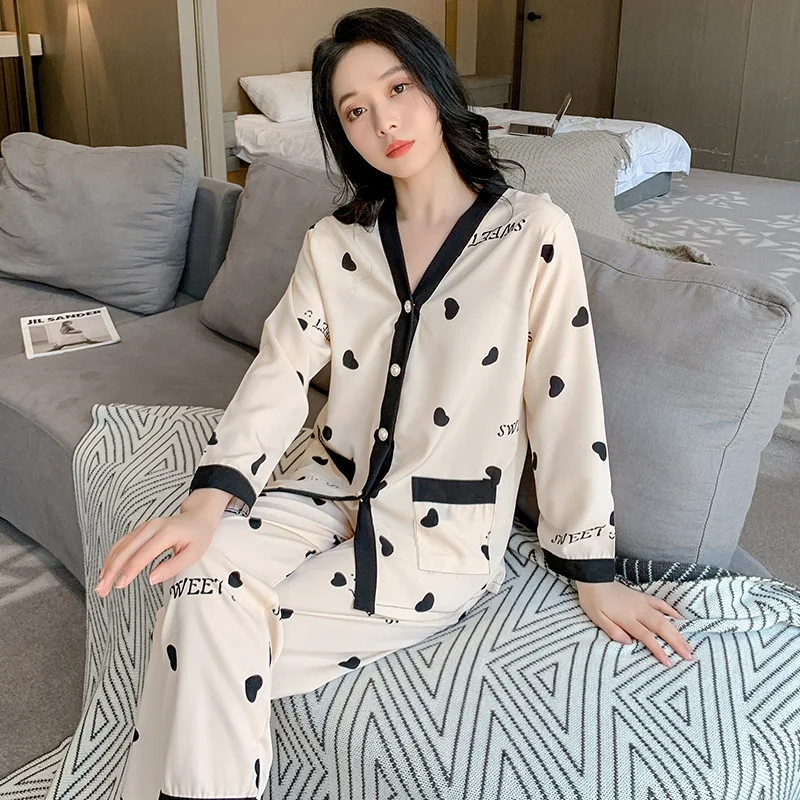 Women Pajamas Sets Heart Print Pyjama Spring Autumn Casual Pijamas Female Loungewear Long Sleeve Shirt Pants Sleepwear Homewear