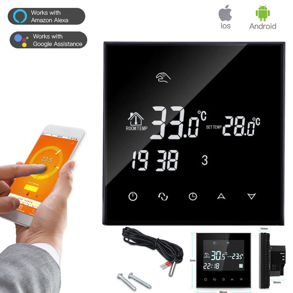 Controlador de Temperatura do Termostato da Tela de Toque Wi-fi 24 v 240 v para Aquecimento de Água Piso Elétrico Água Caldeira a Gás Iphone Android App Funciona Casa Inteligente com Assistente do Google Alexa Eco