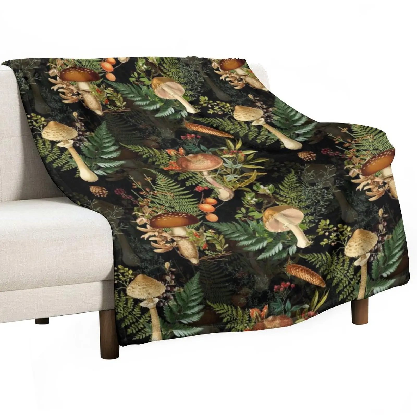

Vintage toxic mushrooms forest pattern on black Throw Blanket Blanket For Decorative Sofa Softest Blanket