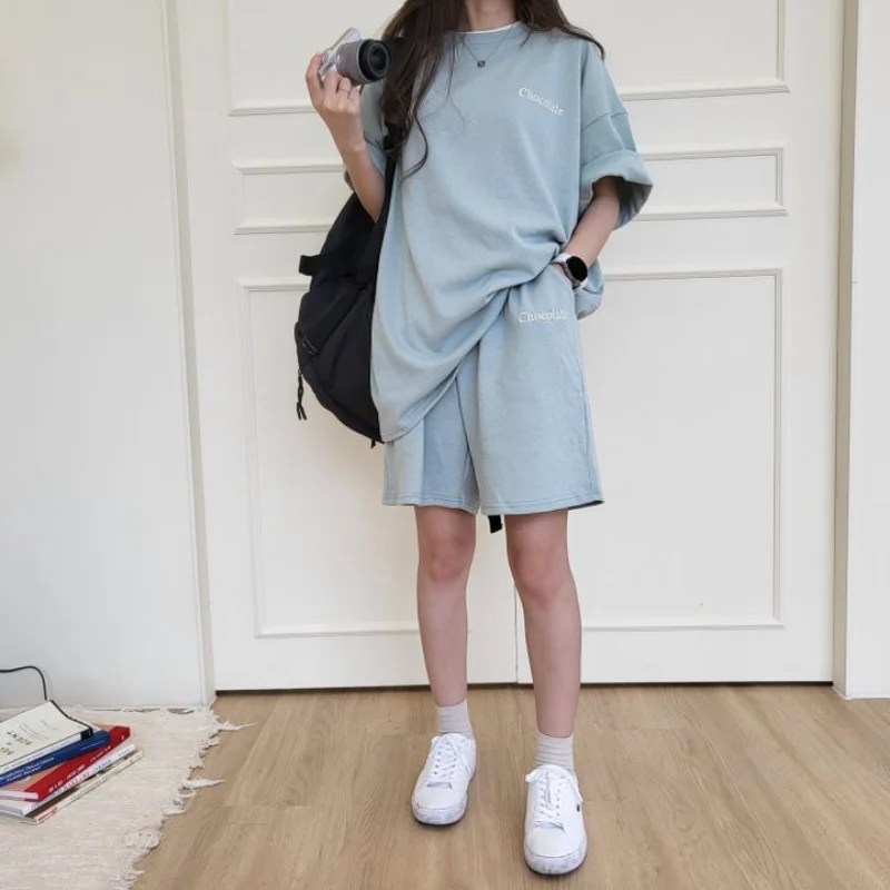 Women Tracksuit Summer Solid T-shirt Shorts Matching Outfit Casual Two Piece Set Female Loose Sportswear Suit Student Sports Tee