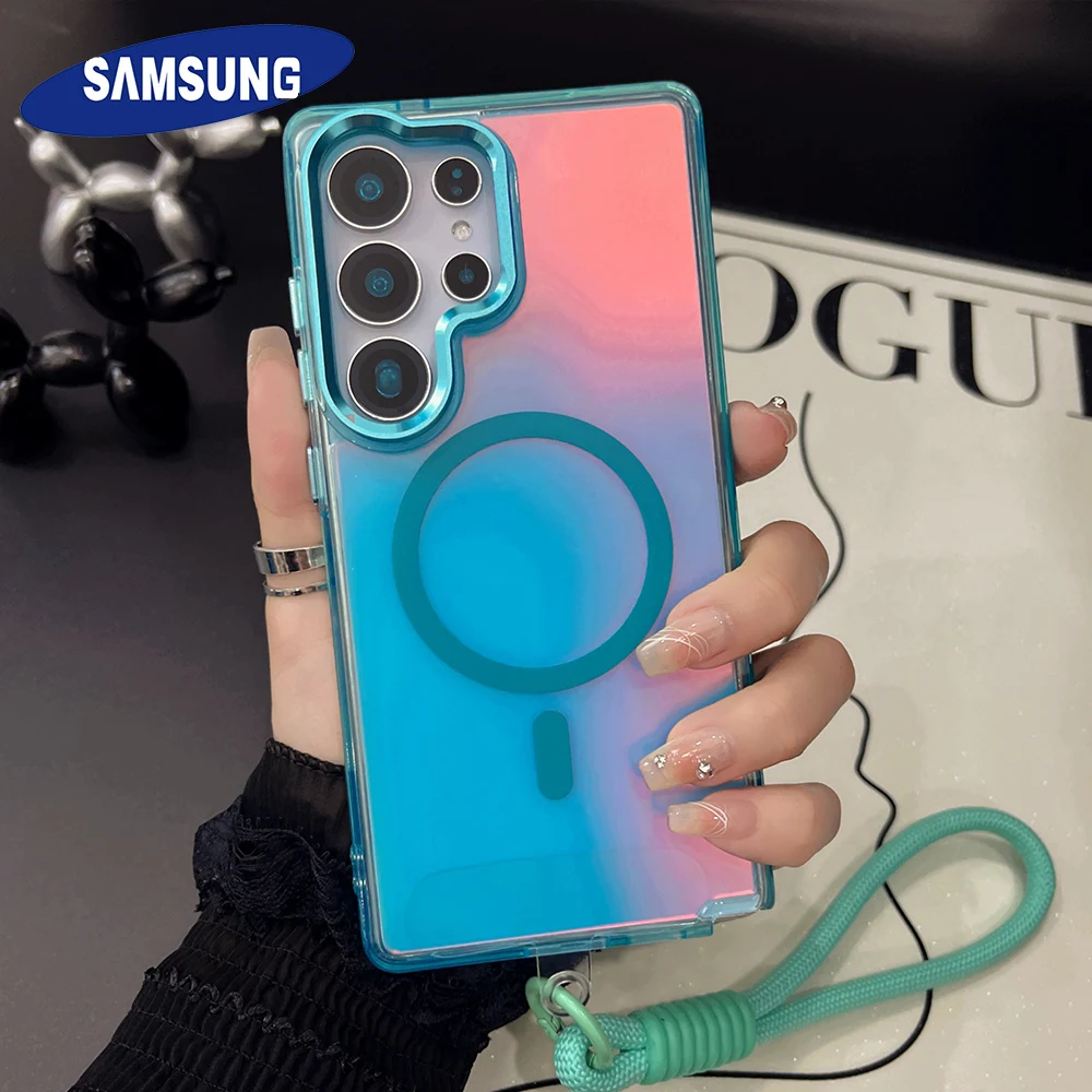 Gradient-Handgelenkschlaufenhülle für Samsung S25 S24 S26 Ultra S23 S26 Plus S24 FE A55 A35 A16 für MagSafe Wireless Charge Cover