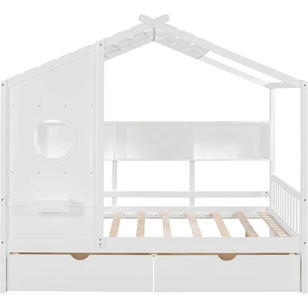 Bed for Kids Wooden Kids Bed with Storage Drawers and Bookshelf Built in Window Box Design Cute for Kids Toddler Boys Girls