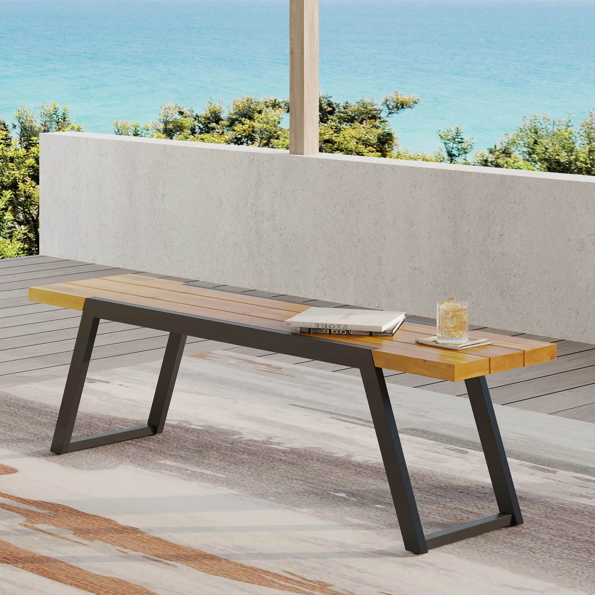 

Goliath Acacia Wood Outdoor Dining Bench, Teak and Black