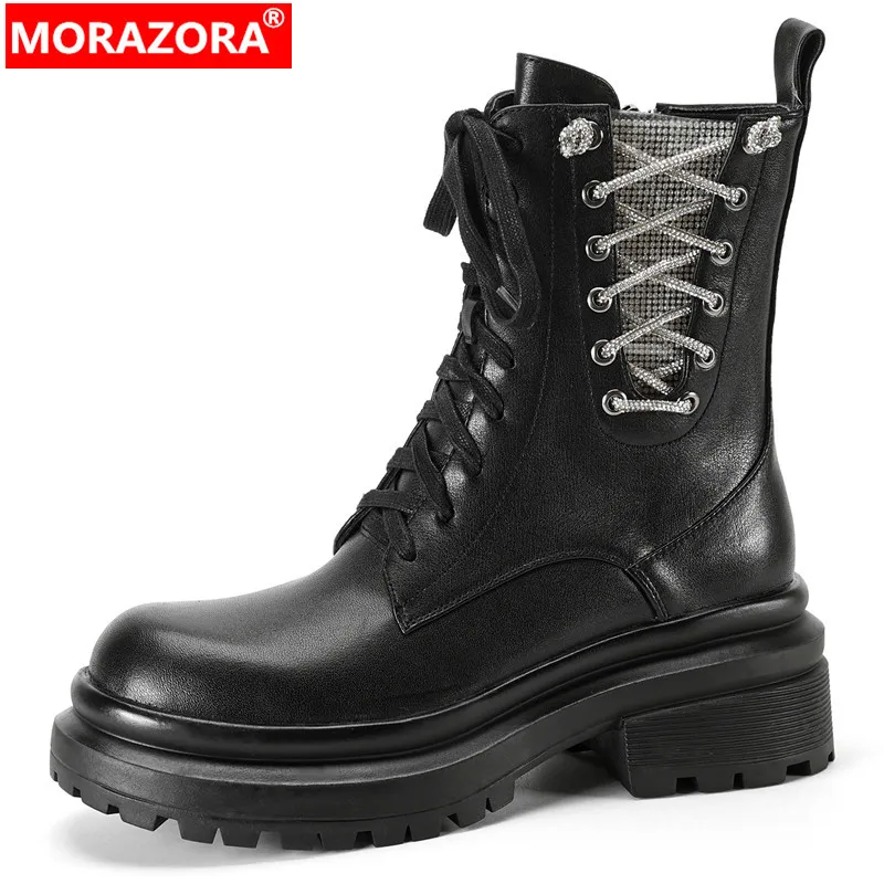 

MORAZORA 2024 New Ladies Zipper Ankle Boots Footwear Genuine Leather Platform Women Boots Narrow Band Autumn Winter Shoes