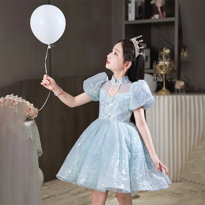 

2024 Teenmiro Luxury Party Dress for Teens Girl Infants Blue Sequins Gauze Ball Gown Kids Banquet Dresses Children's Day Clothes
