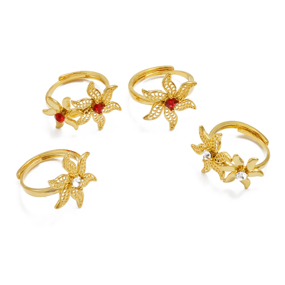 Anniyo African Flowers Rings With Red and Clear Rhinestone for Women Girls Gold Plated Mayotte Jewelry #345306 6
