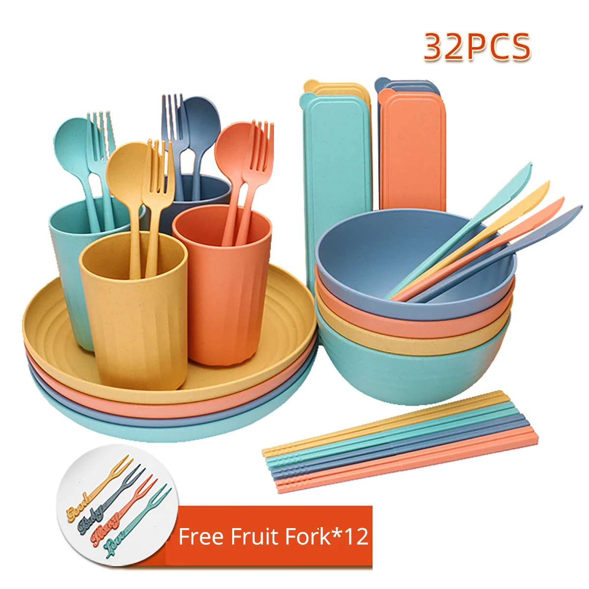

32Pcs Wheat Straw Portable Dinnerware Knfe Fork Spoon Chopsticks Cup Bowl Dishes Tableware Set with Storage Box Travel Cutlery