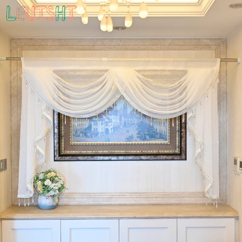 

White Drape Curtain for Living Room Bedroom Cotton Linen Luxury Swags Waterfall Valance with Beaded Lace Fringe Trim Sheer Panel