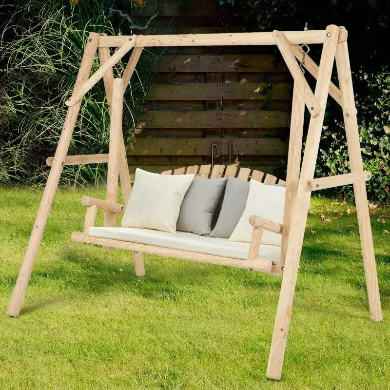 Porch Swing, Outdoor Wooden Swing with A-Frame for 2 Person, Rustic Hardwood Swing Chair，6.5' Wooden Swing Bench