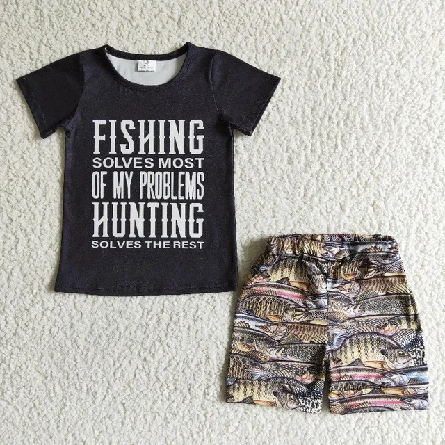 Baby Boy Summer Clothes Toddler Fishing Black Short Sleeve Letter Shirt Top  Children Fish Shorts Kid