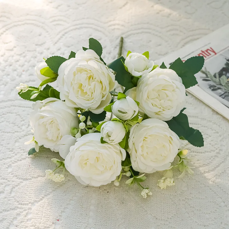 Simulation 5 Big Head 4 Small Bud Rose Pink Silk Bouquet Peony Artificial Flower Bridal Wedding Home Decoration Bouquet