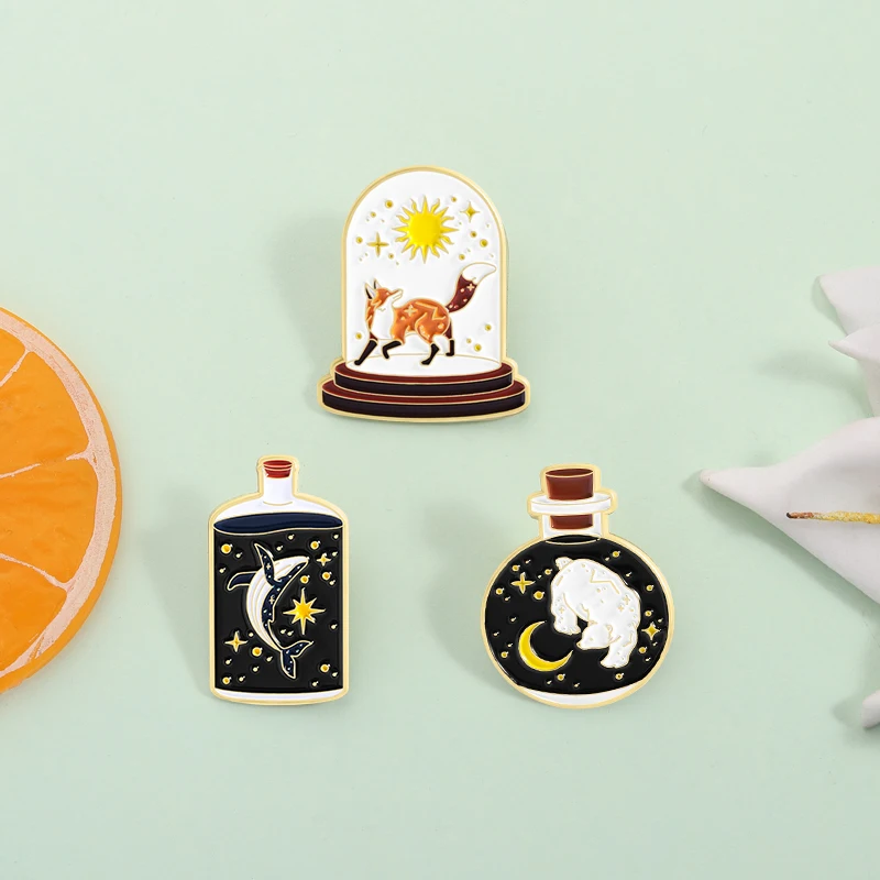 Ozean Weltraum Flasche Emaille Pins Benutzerdefinierte Nachthimmel Fuchs Wal Broschen Revers Abzeichen Kleidung Tier Schmuck Geschenk für Freunde – Detail 8