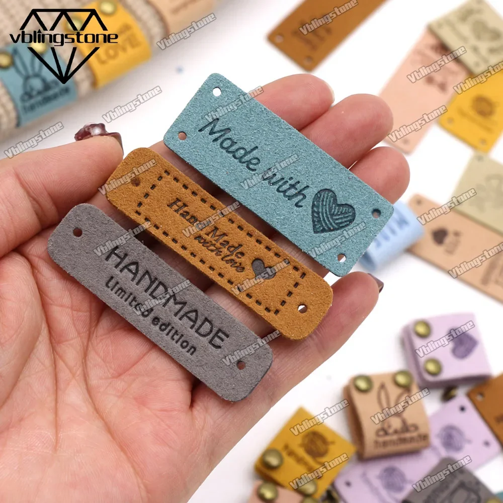 Mix Leather Labels 20pcs with 100Sets 6x6MM Metal Spikes Handmade Labels Embossed Tags for Clothes DIY Hats Sewing Accessories