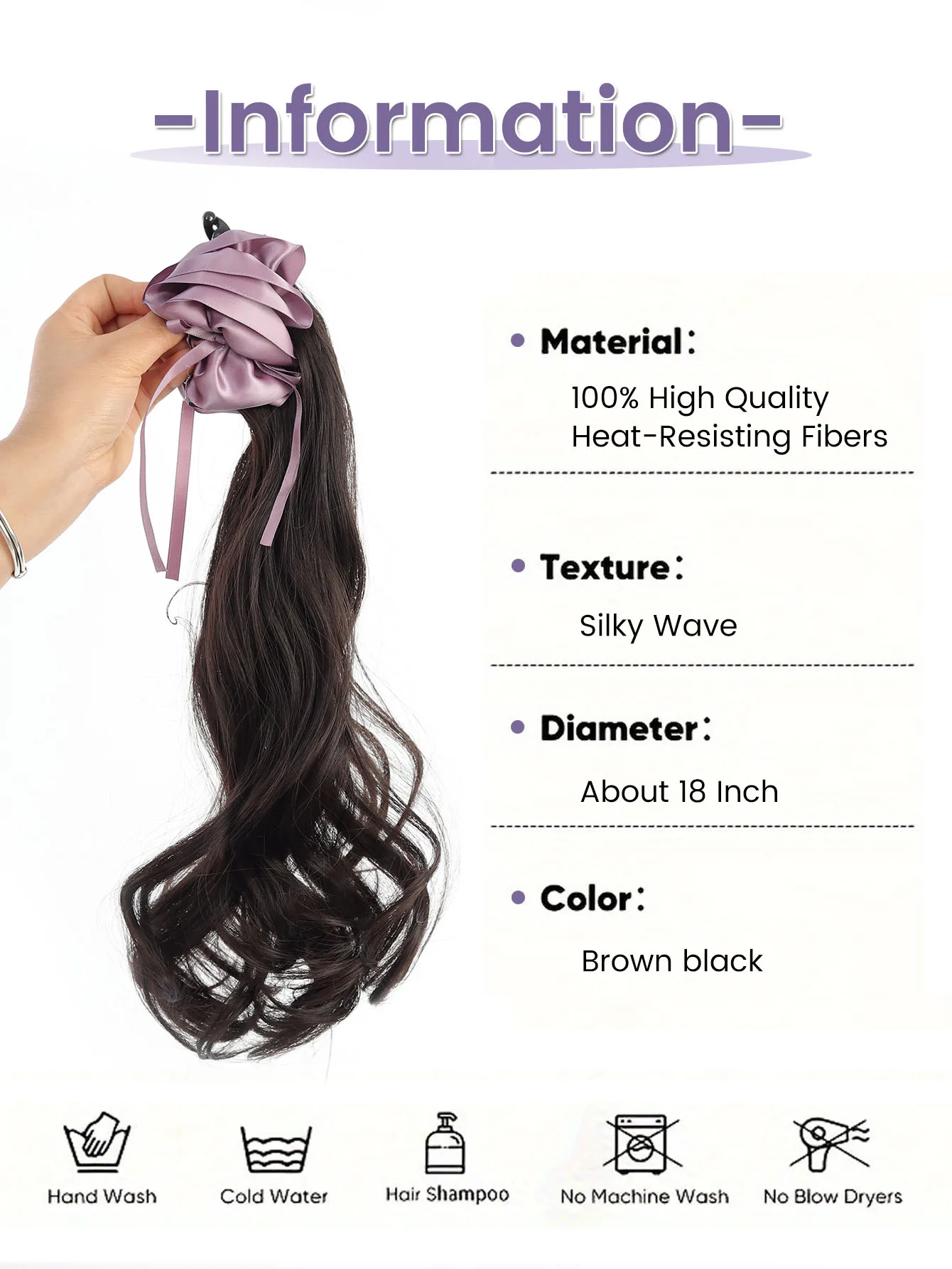 Banana Clip Long Wavy Ponytail Synthetic Clip in Hairtail Extension Fluffy Black Ponytail Wig with Red Flower Hair Accessorie