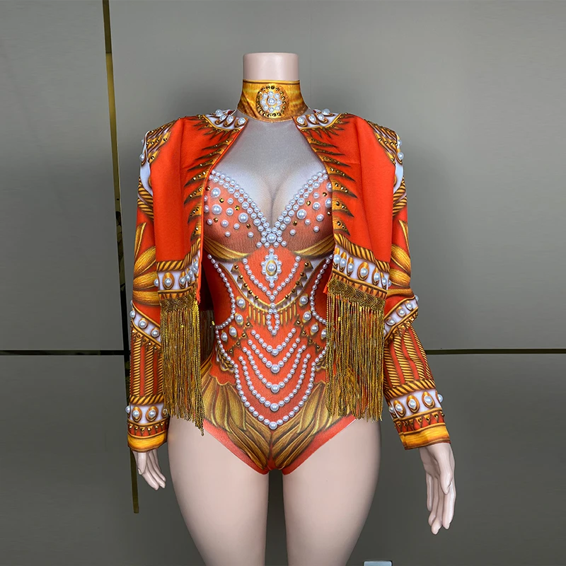 

Singer Dancer Stage Costume Pearls Bodysuit Tassel Coat Carnival Festival Clothing Drag Queen Clothes Dj Ds Rave Outfit VDB7375