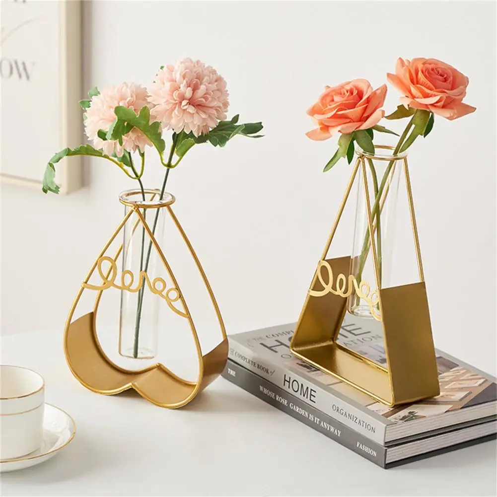 Hollow Geometric Golden Glass Vase Hydroponic Plant Holder Iron Flower Planter Hydroponic Container home decor ваза для цветов 4