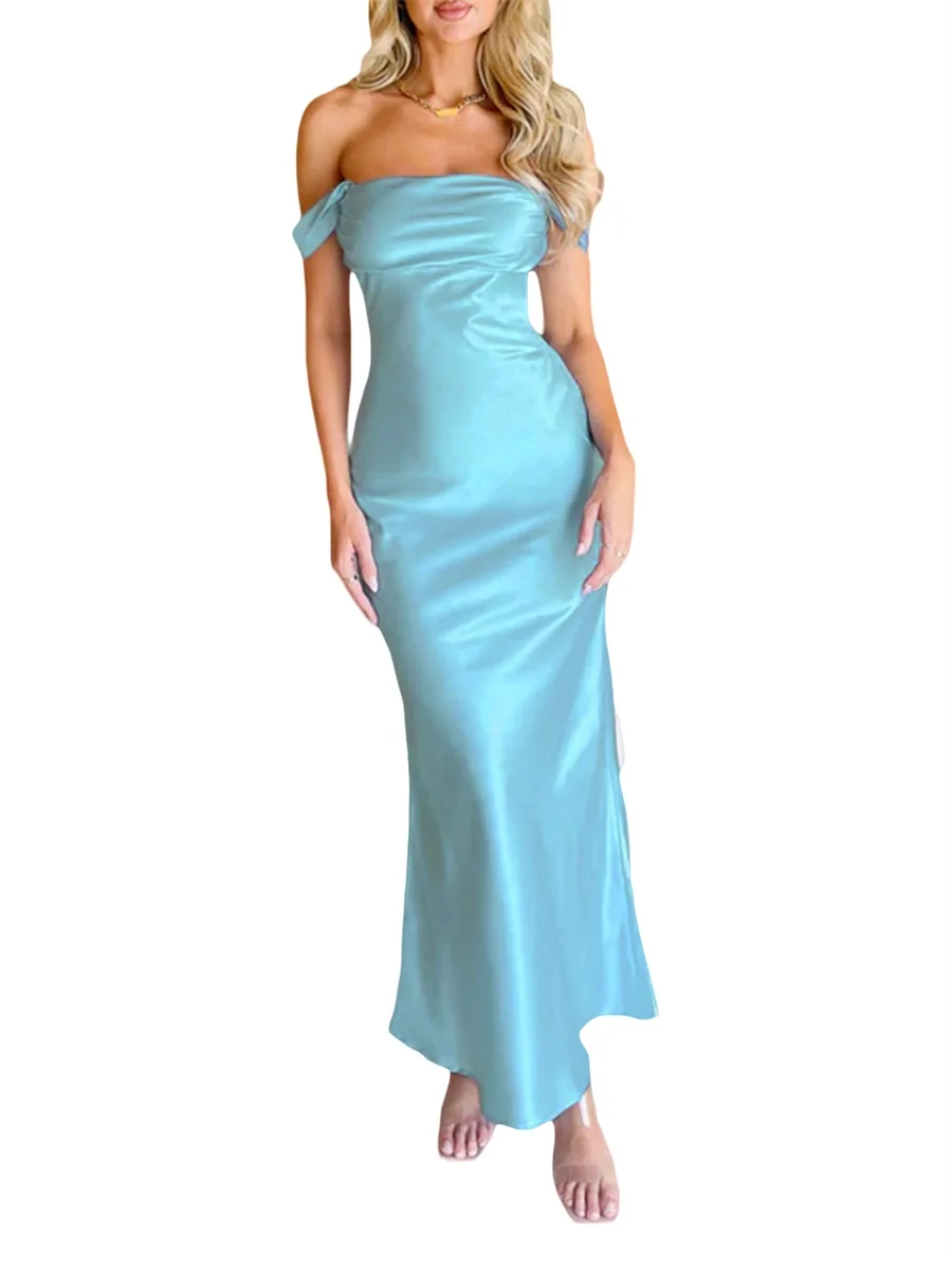 

Summer Off Shoulder Long Dress Women Short Sleeve Backless Skinny Bandeau Dresses Sexy Solid Color Female Clothes Evening Gown