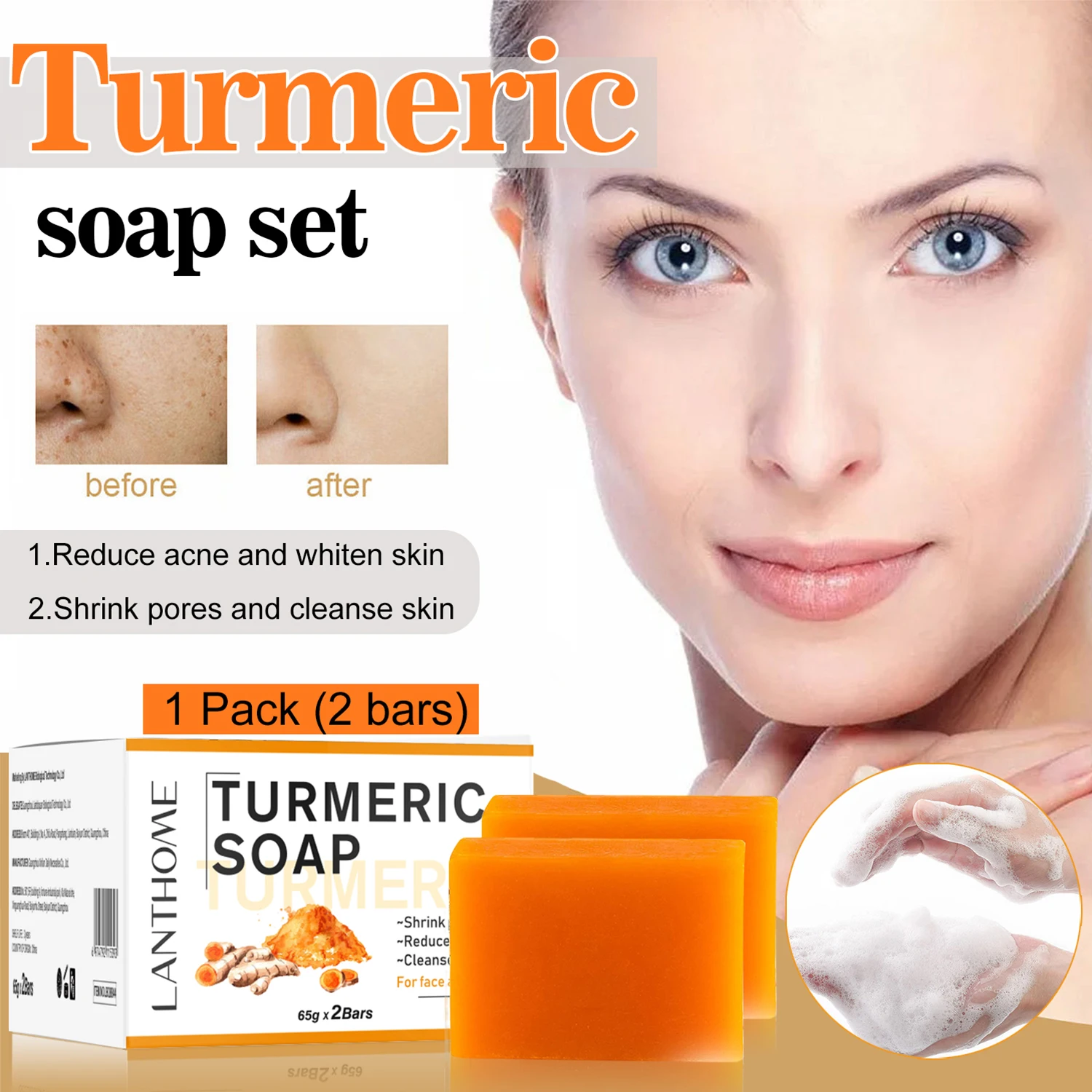 

130g Turmeric Whitening Soap Remove Acne Clean Oily Skin Natural Chinese Medicine Ingredients Body Care Anti Aging Handmade Soap