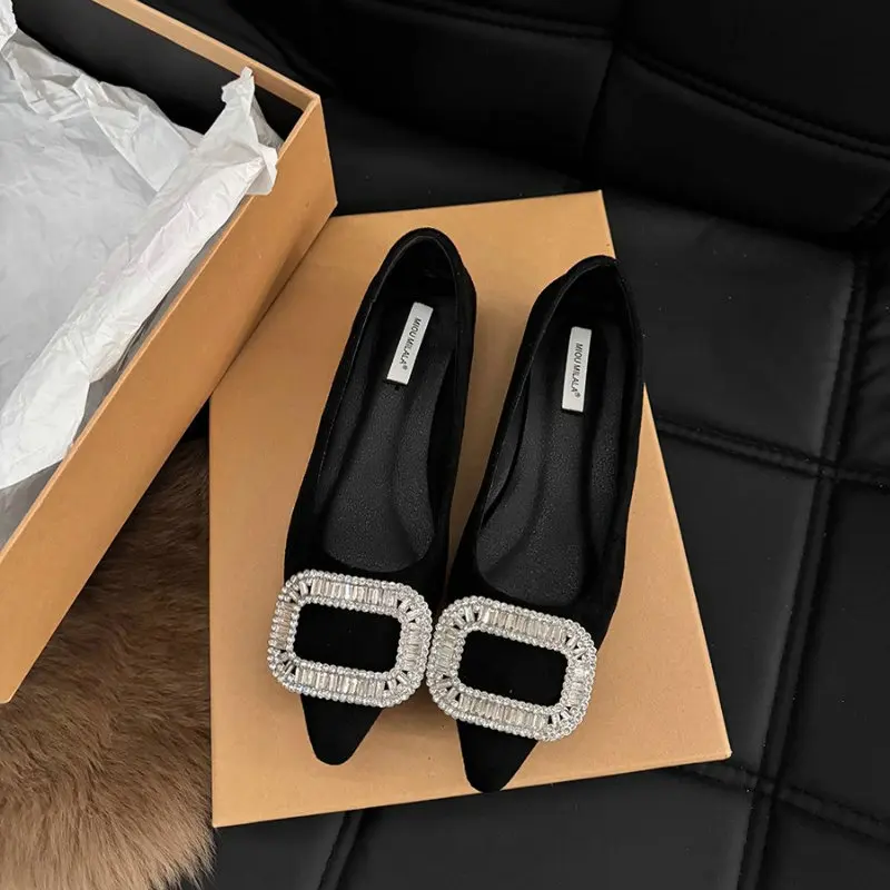 Pointed Flat Shoes for Women's Spring Summer New Shallow Cut  Suede Soft Sole Black Women's Shoes Ladies Large Size 44 4