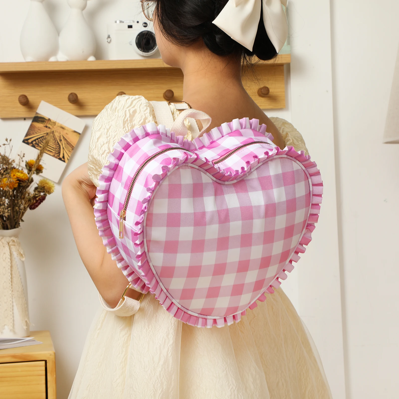 Pink Ruffly Backpack Ruffle Heart Shape Backpack Fashion Stripe Pink Girl Nylon Tote Bags ...