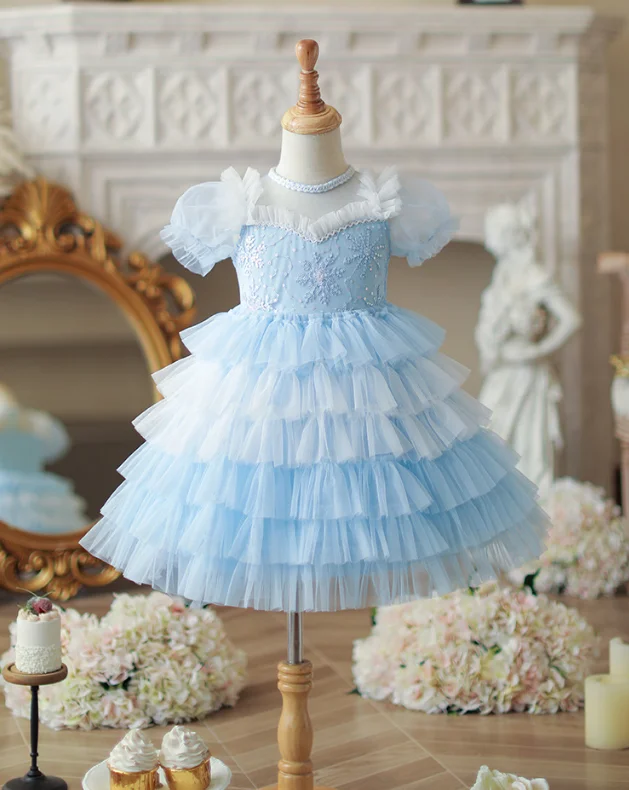 

Retail New Baby Summer Girls Boutique Sequined Mesh Cake Dress, Princess Kids Sweet Fashion Blue Party Dress 3-8 T