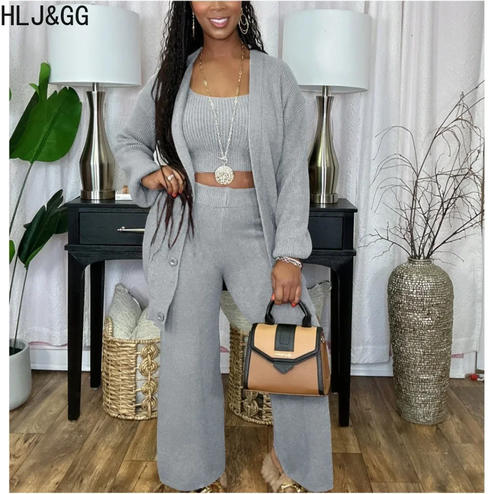 HLJ&GG Autumn Winter Solid Color Knitting 3 Piece Sets Women Vest+Long Sleeve Cardigan+Wide Leg Pants Tracksuits Female Outfits