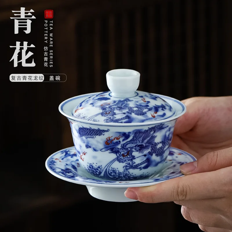 Chinese Retro Sancai Gaiwan Blue and White Tea Tureen Ceramic Teaware Tea Cup Set Handmade Porcelain Gongfu Bowl Cups