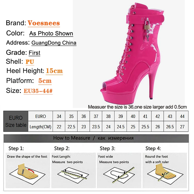 Sexy Peep Toe Women Single Boots Lace-Up 15cm High Thin Heel Platform Ankle Short Boots Unisex Plus Size Fetish Padlocks Boots