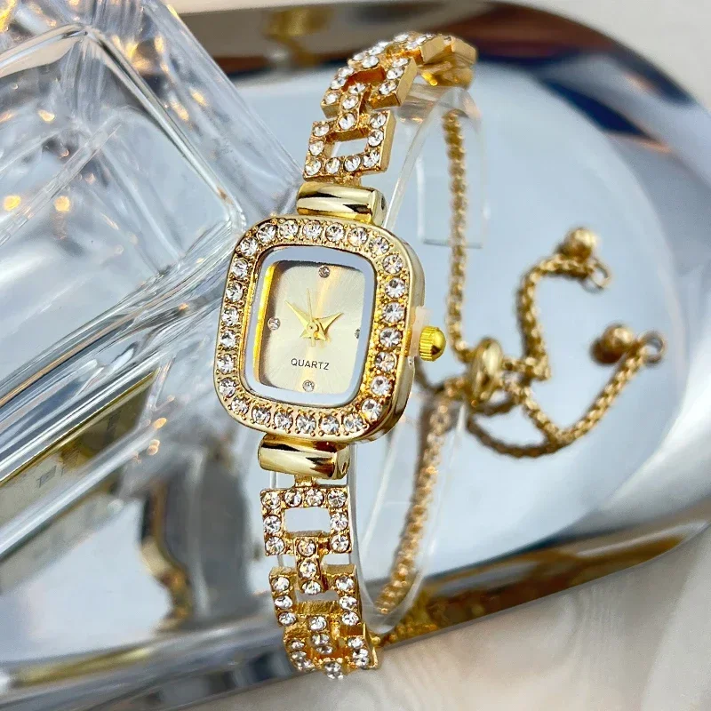 Cross-border new small square bracelet pull women's watch free adjustment square chain diamond set small ladies quartz watch