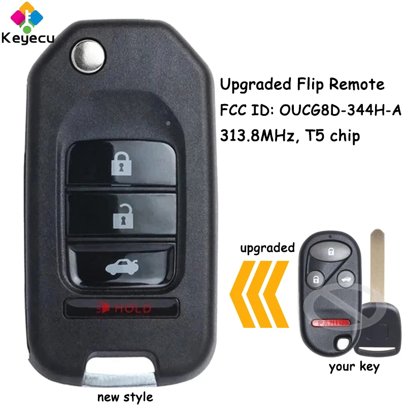

KEYECU Upgraded Flip Remote Car Key With 3+1 4 Buttons 313.8MHz T5 Chip for Honda CR-V 2002 2003 2004 Fob FCC ID: OUCG8D-344H-A