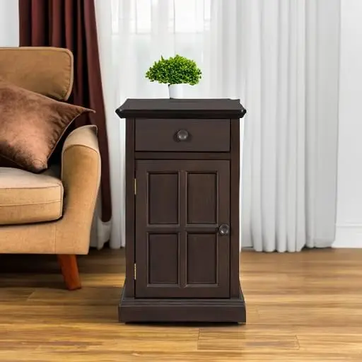 Traditional Wood End Table with Charging Station, Modern Vintage Sofa Chair Side Table Nightstand with Storage & Drawer