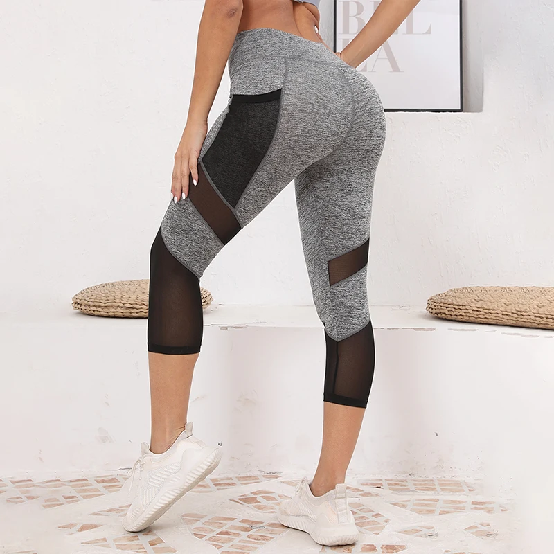 Mesh High Waist Yoga Pants Capri Leggings with Pockets for Women Tummy Control Workout Capri Leggings for Women