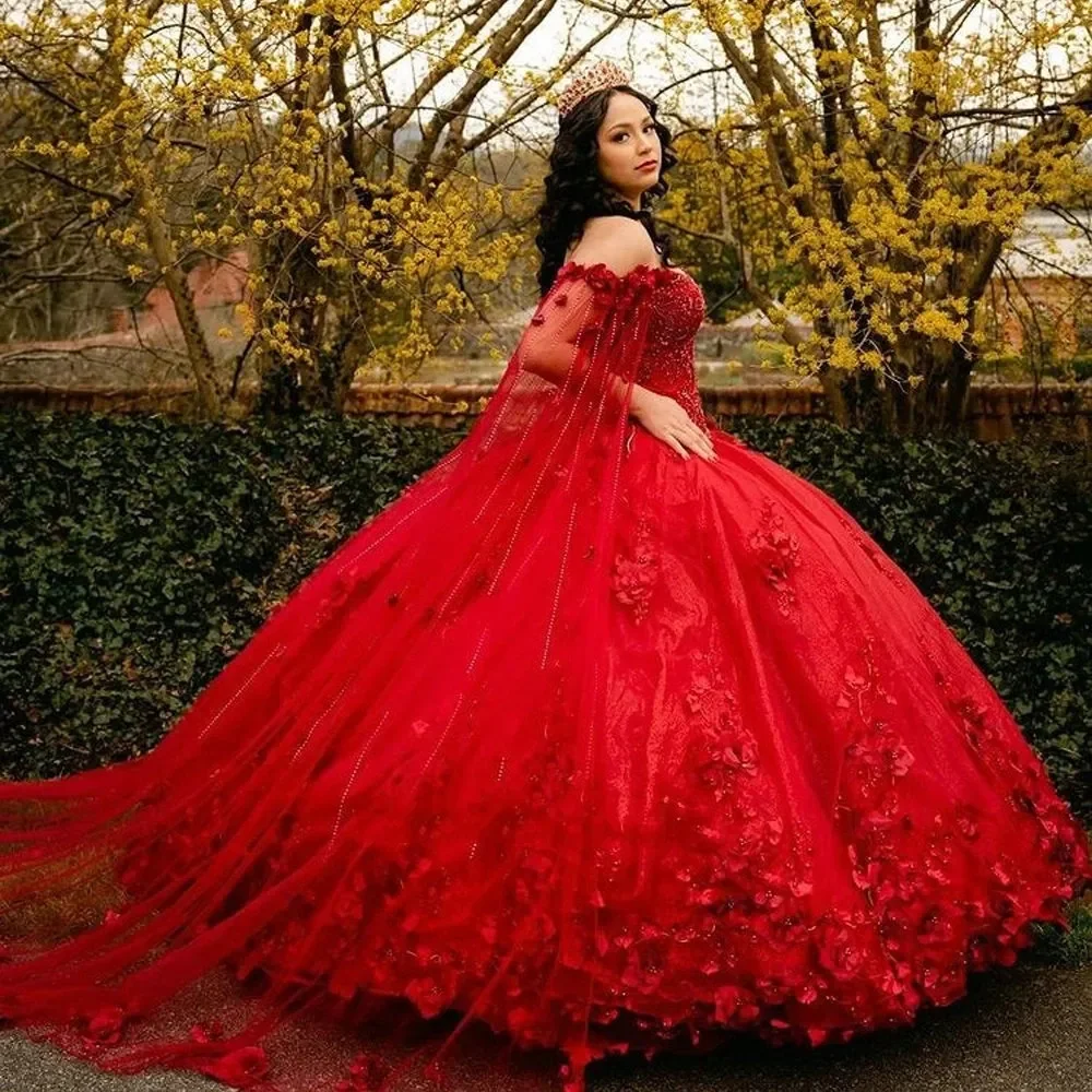

3D Handmade Flowers Princess Quinceanera Dresses With Cape Off Shoulder Appliques Lace-up Corset prom Sweet 15 Girls Party Gown