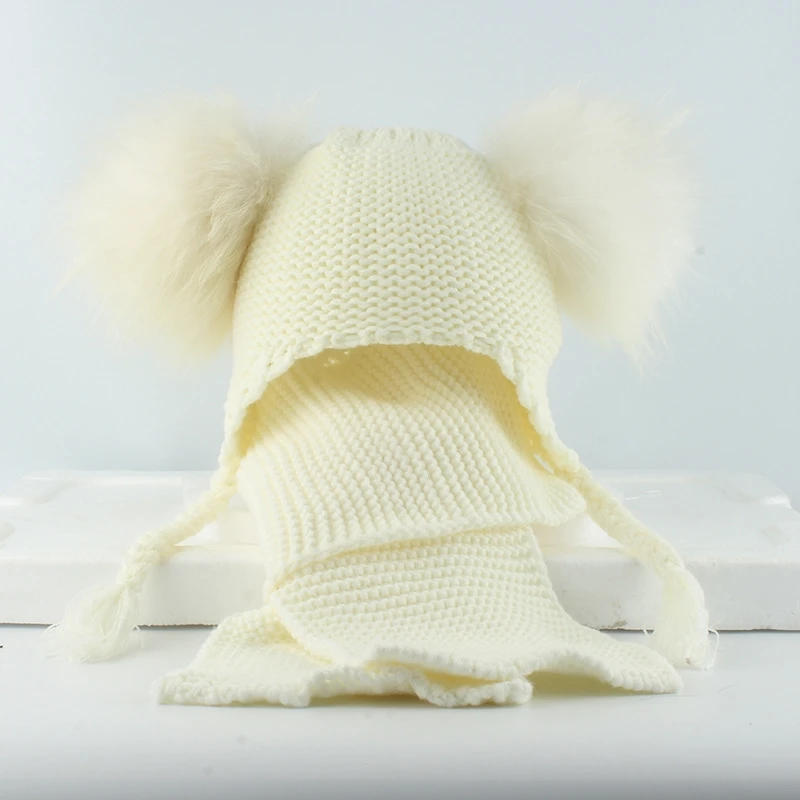 Children's Real Mink Fur Ball Hat Scarf Set Double Balls Earmuff Knit Cap Warm Wool Hat For Baby Boys Girls Scarf Shawl